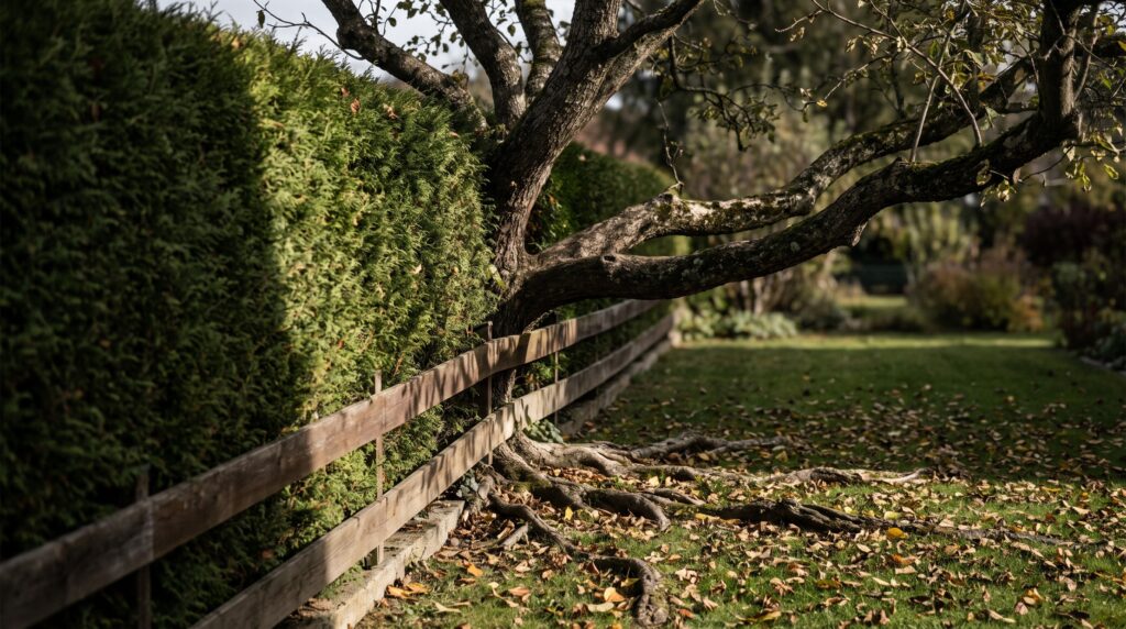 Thujenhecke und Gartenzaun an der Grundstücksgrenze, Äste und Wurzeln reichen auf das Nachbargrundstück