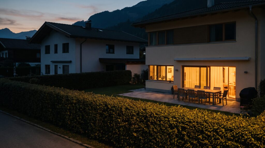 Zwei benachbarte Wohnhäuser am Abend, bei einem ist die Terrasse hell erleuchtet
