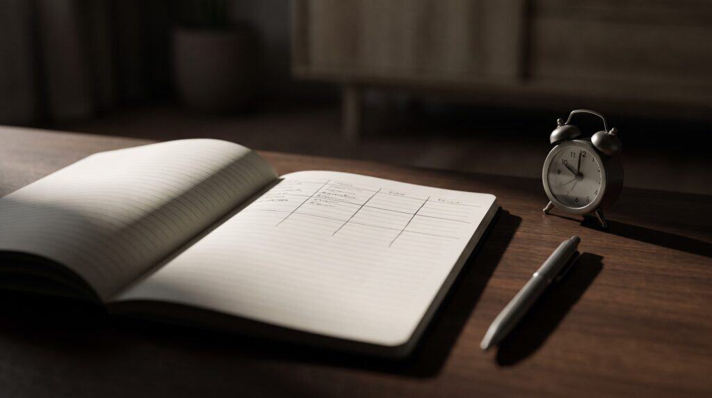 Aufgeschlagenes Notizbuch mit handschriftlicher Tabelle, Stift und Wecker auf einem Schreibtisch