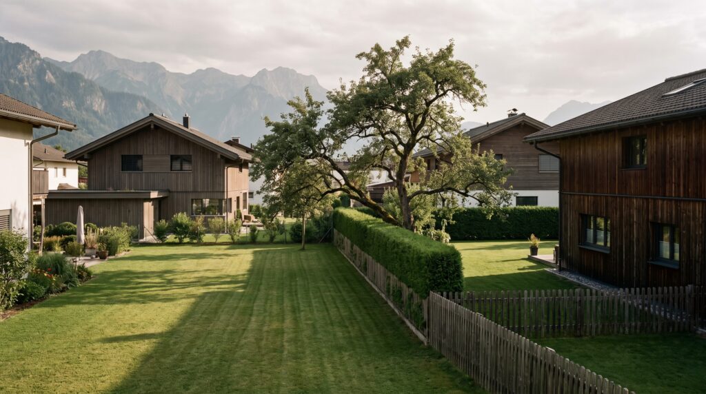 Grundstücksgrenze zwischen zwei Nachbargärten in Vorarlberg mit Hecke, Holzzaun und einem über die Grenze ragenden Baum