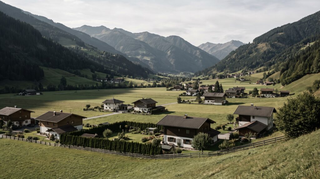 Alpines Tal in Vorarlberg mit Einfamilienhäusern, Hecken und Zäunen als Grundstücksgrenzen