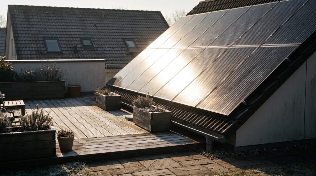 Tief stehende Sonne spiegelt sich in den Photovoltaikmodulen eines Nachbardachs und blendet auf die angrenzende Terrasse