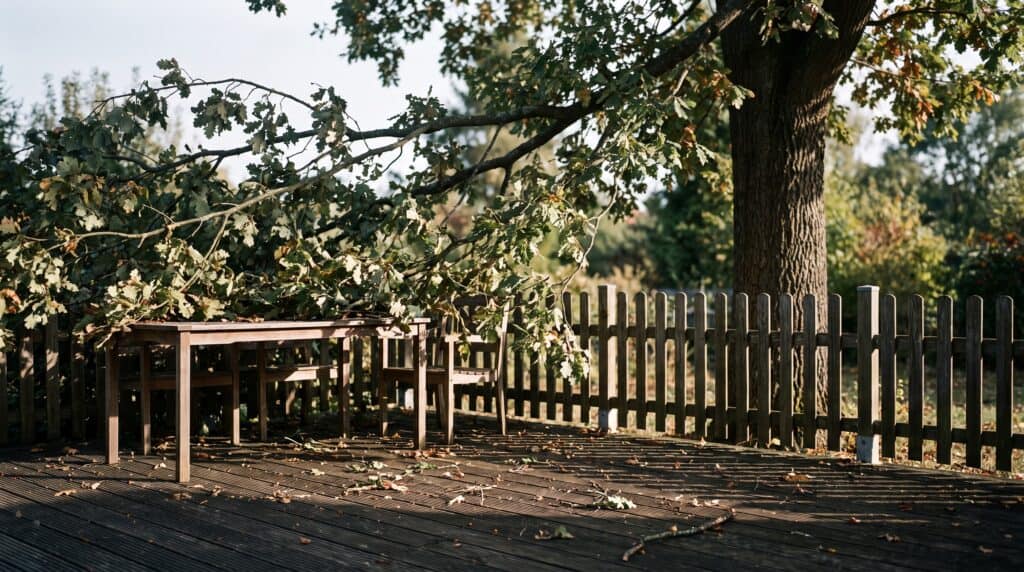Äste eines Nachbarbaums ragen über den Gartenzaun weit auf eine Holzterrasse mit Tisch und Stühlen