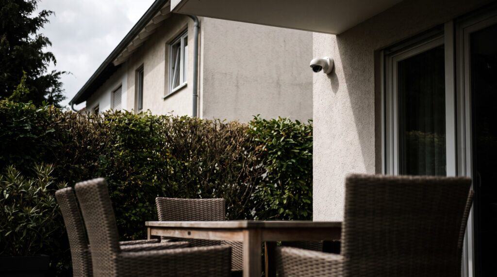 Überwachungskamera an der Fassade des Nachbarhauses, auf eine Gartenterrasse mit Tisch und Stühlen gerichtet
