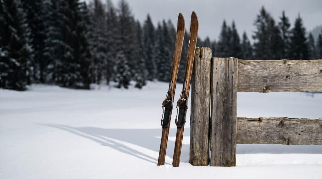 Ein Paar Ski im Tiefschnee an einem verwitterten Holzzaun