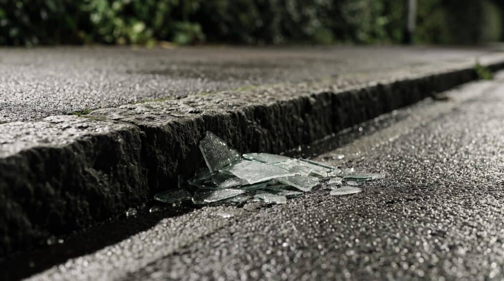 Splitter von Fahrzeugglas am Randstein einer feuchten Straße