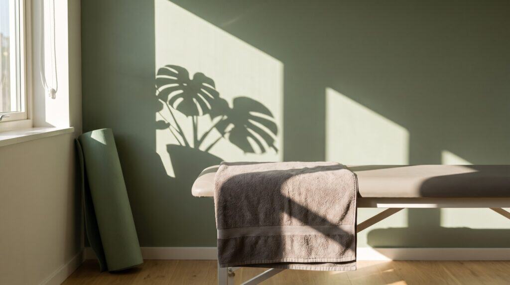 Behandlungsliege mit Handtuch und Gymnastikmatte in einem Therapieraum